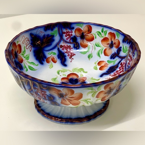 19th Century Vtg Gaudy Welsh Grape Pattern Flow Blue Lusterware Pedestal Bowl - Picture 2 of 16